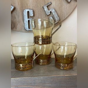 4 Vtg Libbey Amber Continental Greek Key Cups Gold Colored Metal Handle espresso